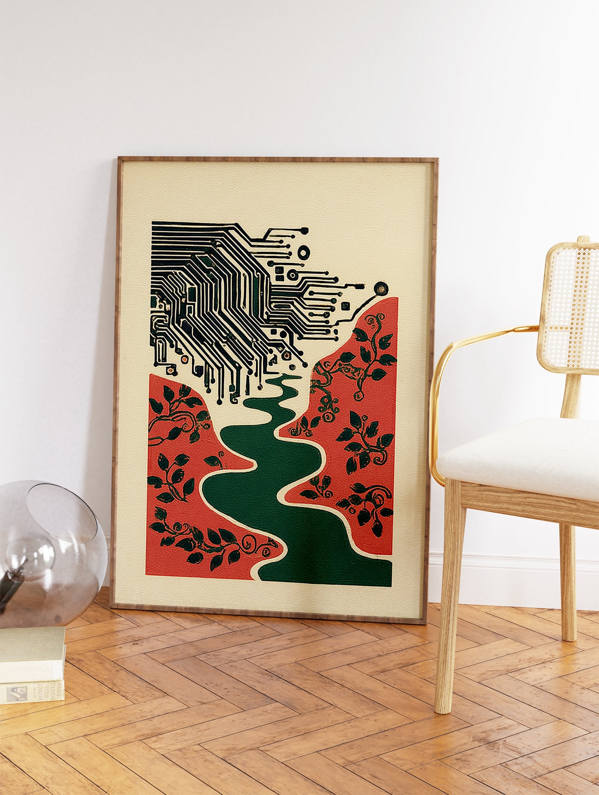 Circuit board wall art with green lines, a reddish-orange landscape, a winding green river, and botanical vines. - Image 2