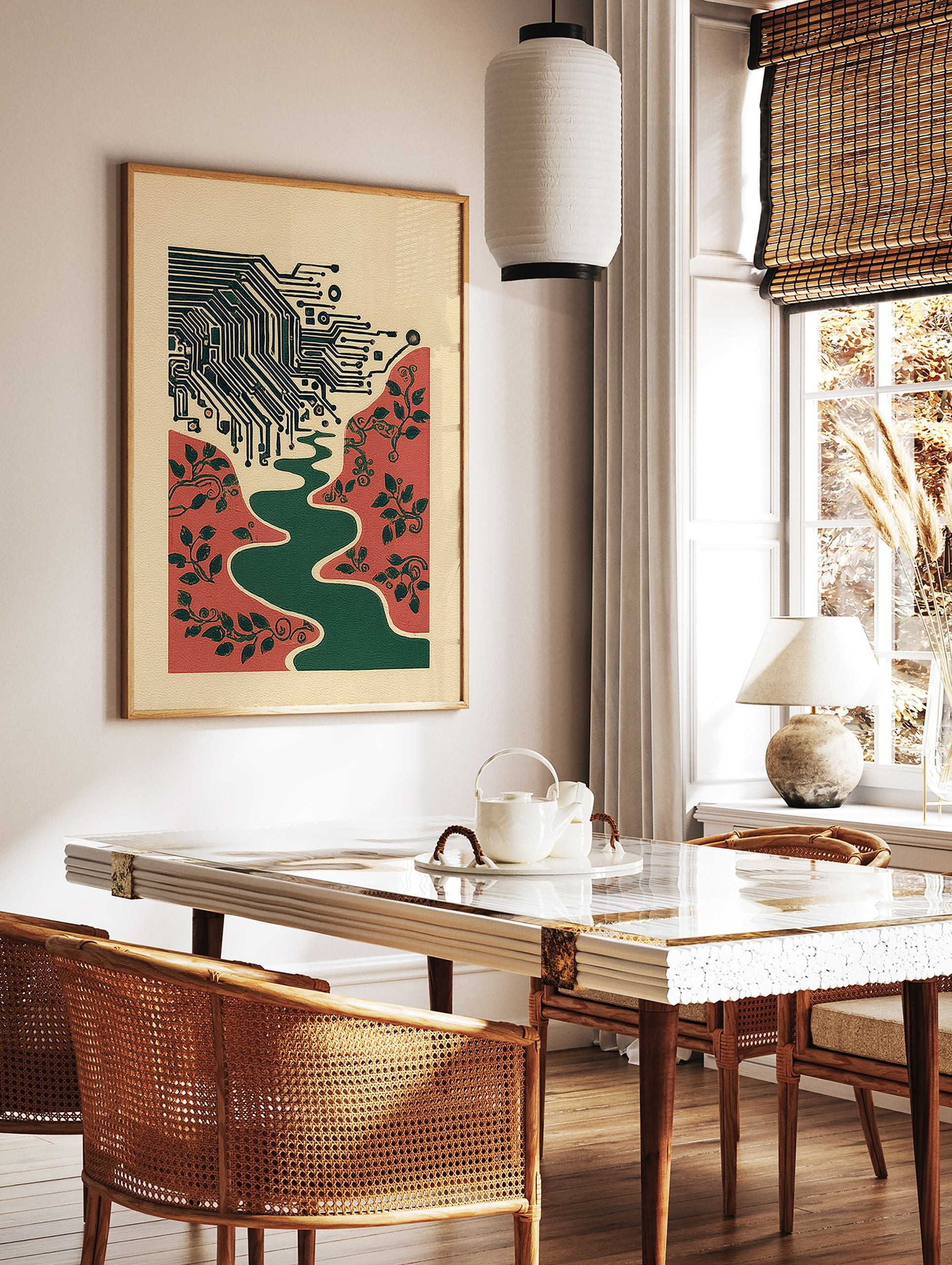 Circuit board wall art with green lines, a reddish-orange landscape, a winding green river, and botanical vines. - Image 3