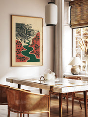 Circuit board wall art with green lines, a reddish-orange landscape, a winding green river, and botanical vines. - Image 3