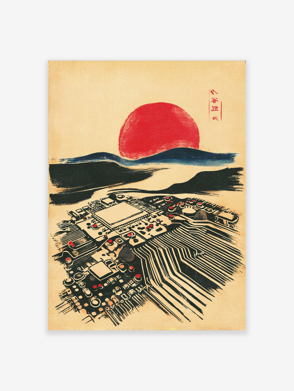 Circuit board landscape art print with red sun and blue waves on beige background