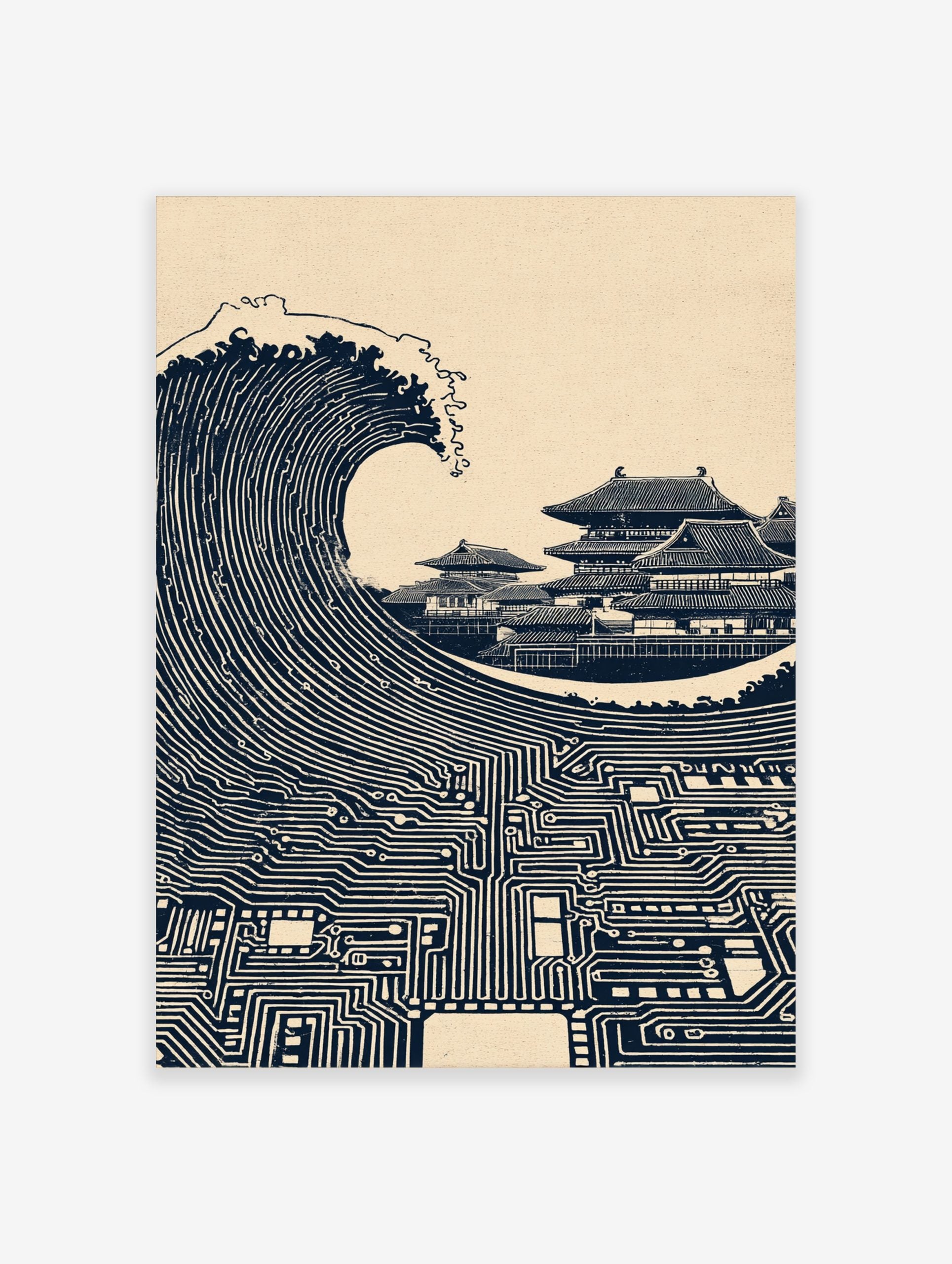 Illustrative print of a large ocean wave made of circuit board patterns next to Japanese temples in navy and beige