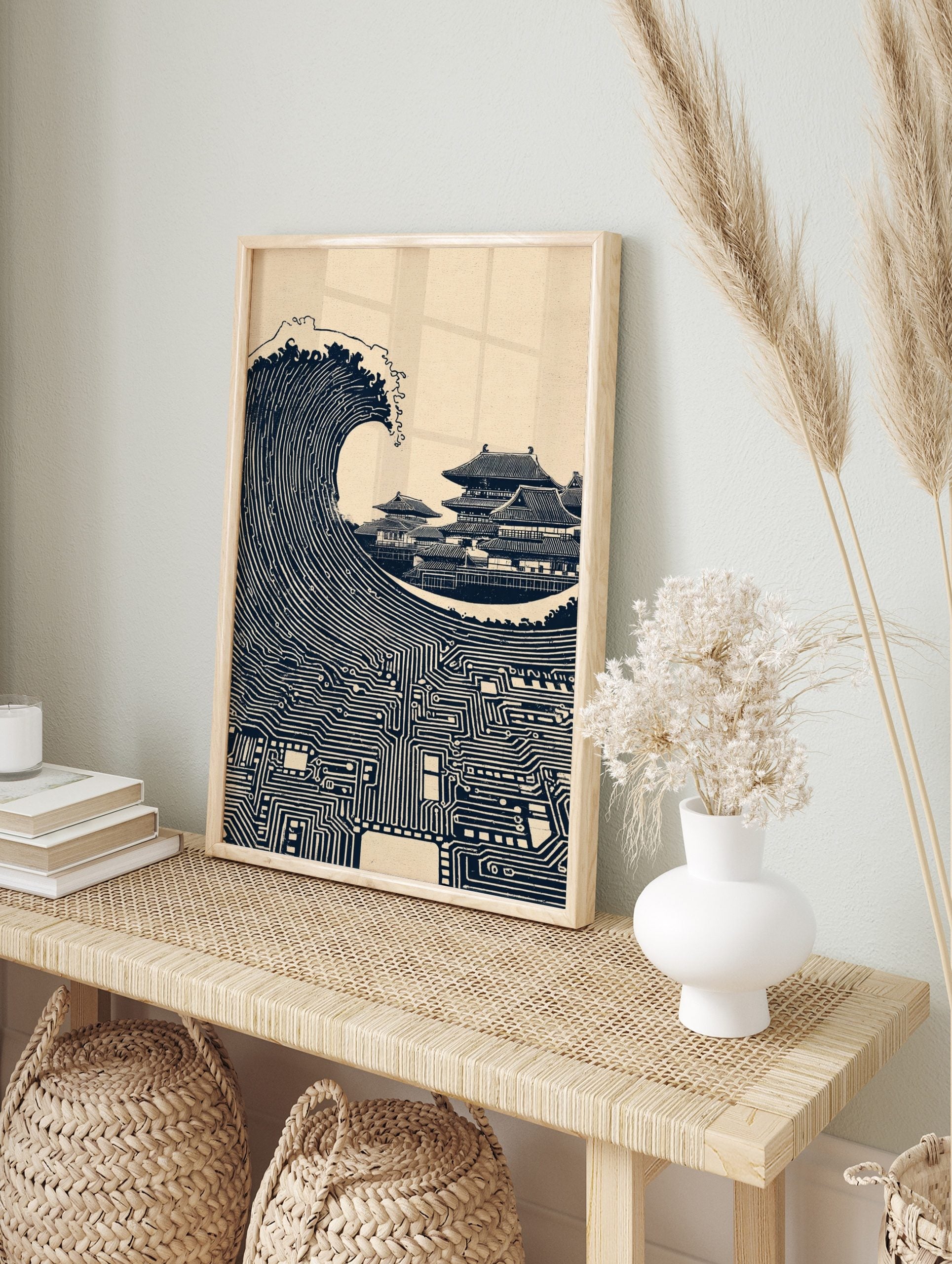 Illustrative print of a large ocean wave made of circuit board patterns next to Japanese, in an alternate framed mockup