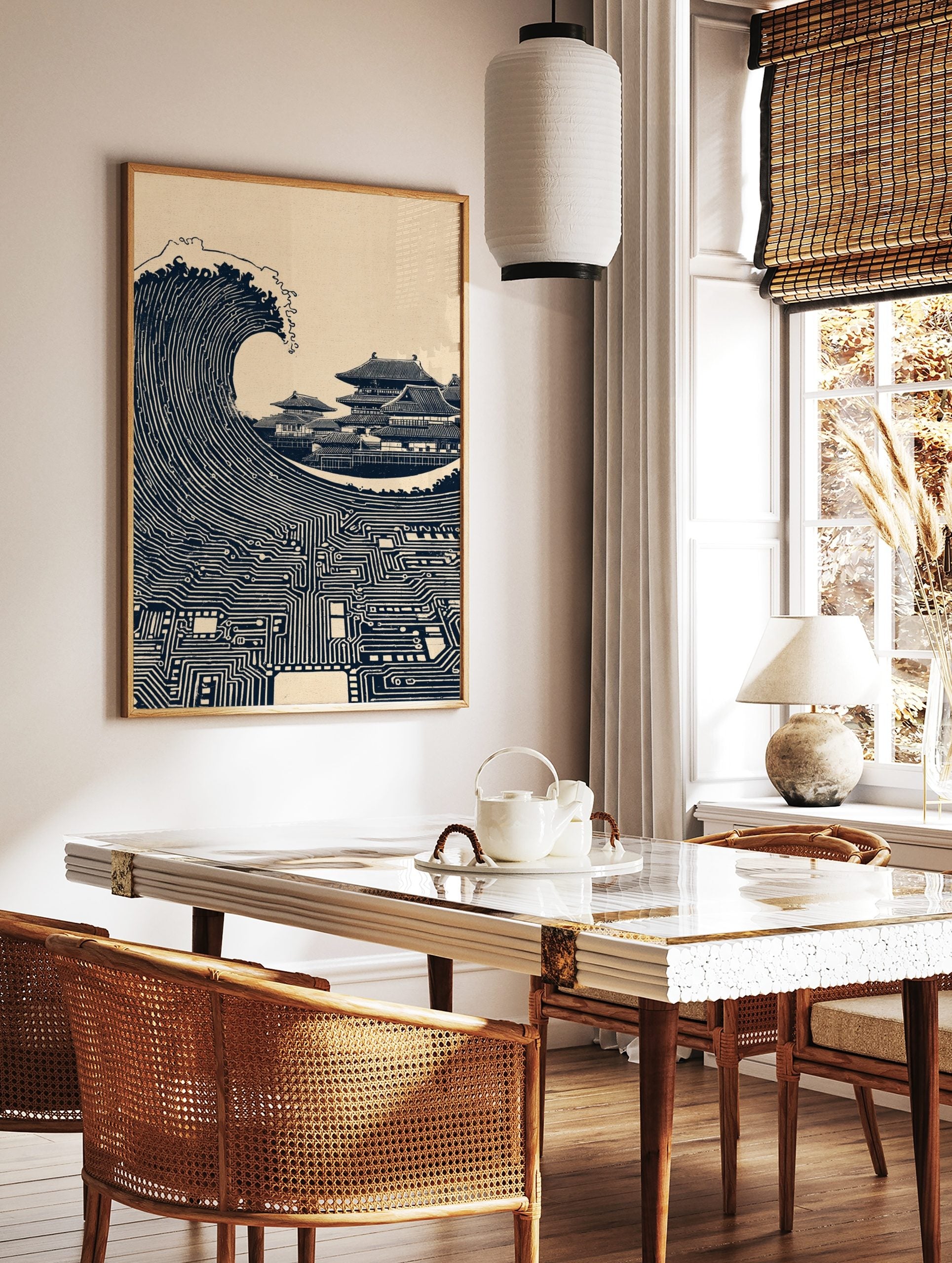 Illustrative print of a large ocean wave made of circuit board patterns next to Japanese temples in, in a styled room mockup