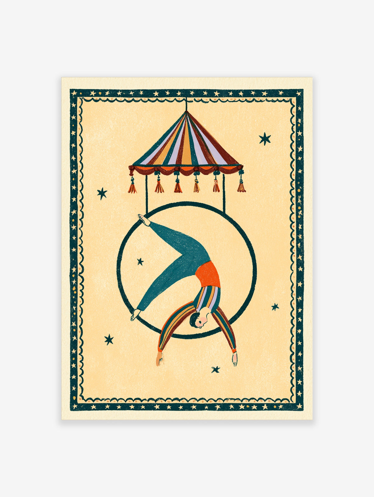 Circus acrobat balancing inside a ring beneath a striped canopy on a beige background with star border