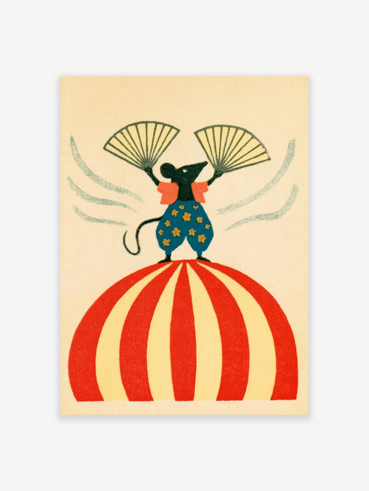 Circus mouse art print showing a mouse balancing on a striped ball with fans, in an illustrative style
