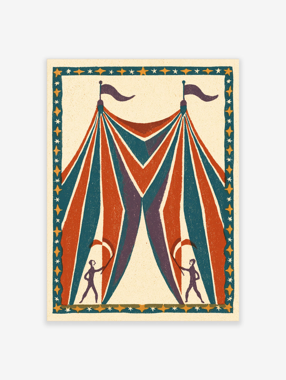 Vintage circus tent poster with red, teal and purple stripes, two flags and ringmaster figures