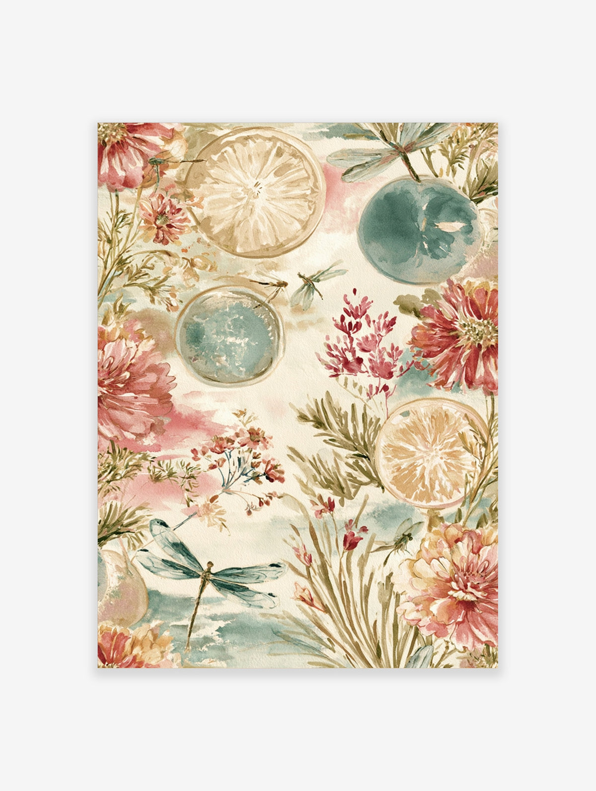 Watercolour art print of citrus slices, dragonflies, and pink flowers on cream background