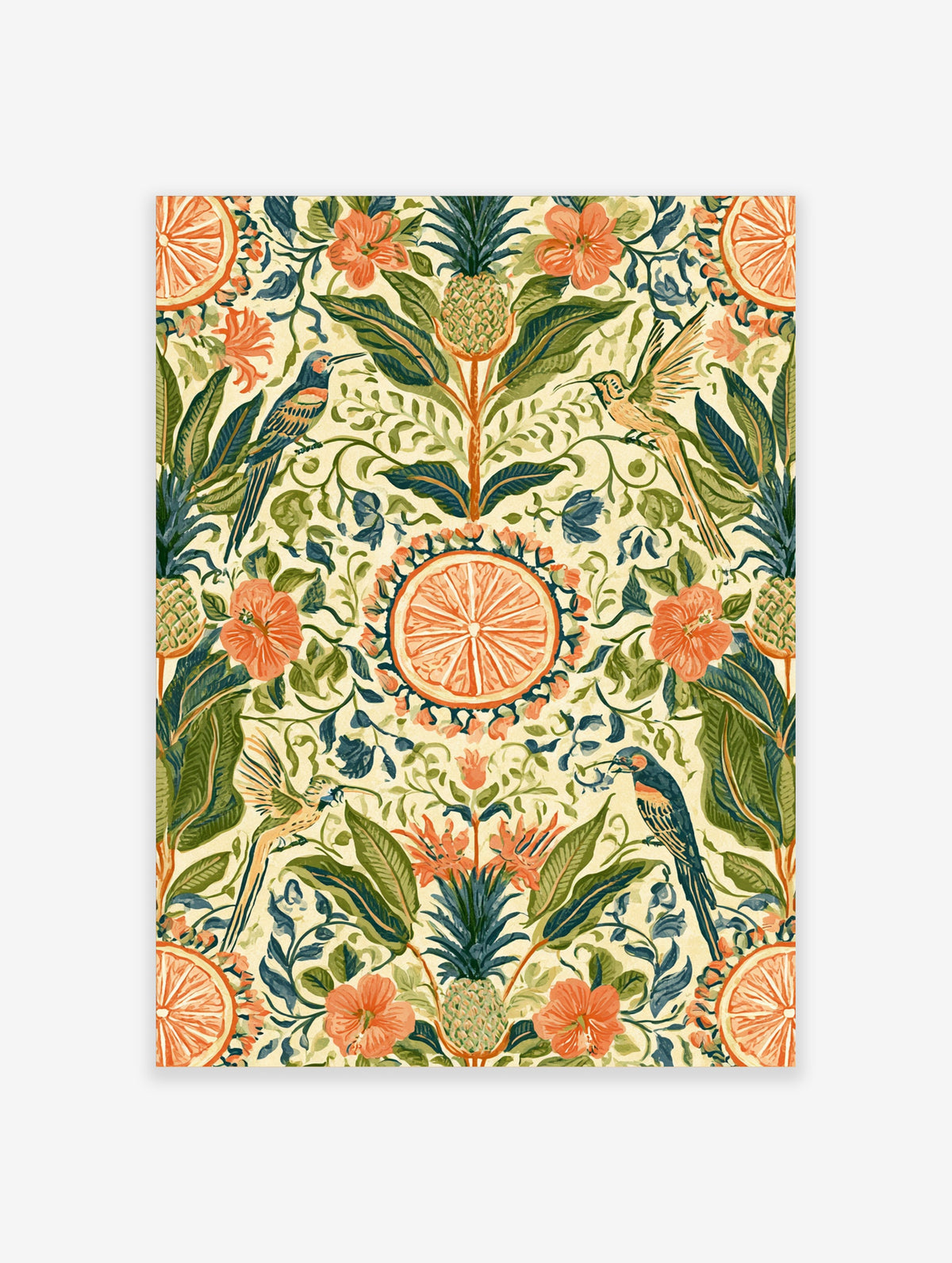 Tropical citrus botanical art print with orange slices, pineapples, birds, and green leaves on cream