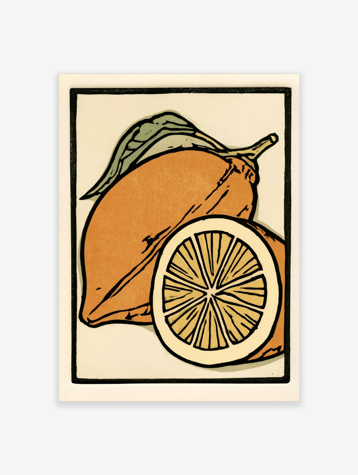 Illustrative citrus orange fruit wall art print with a sliced cross-section and leaf on a cream background