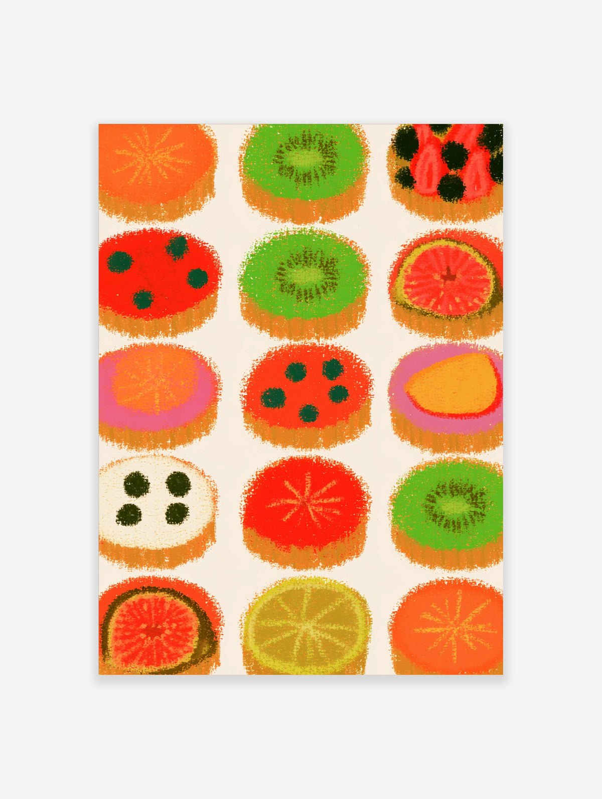 Colourful citrus fruit tart illustrations in a grid on a cream background, food poster