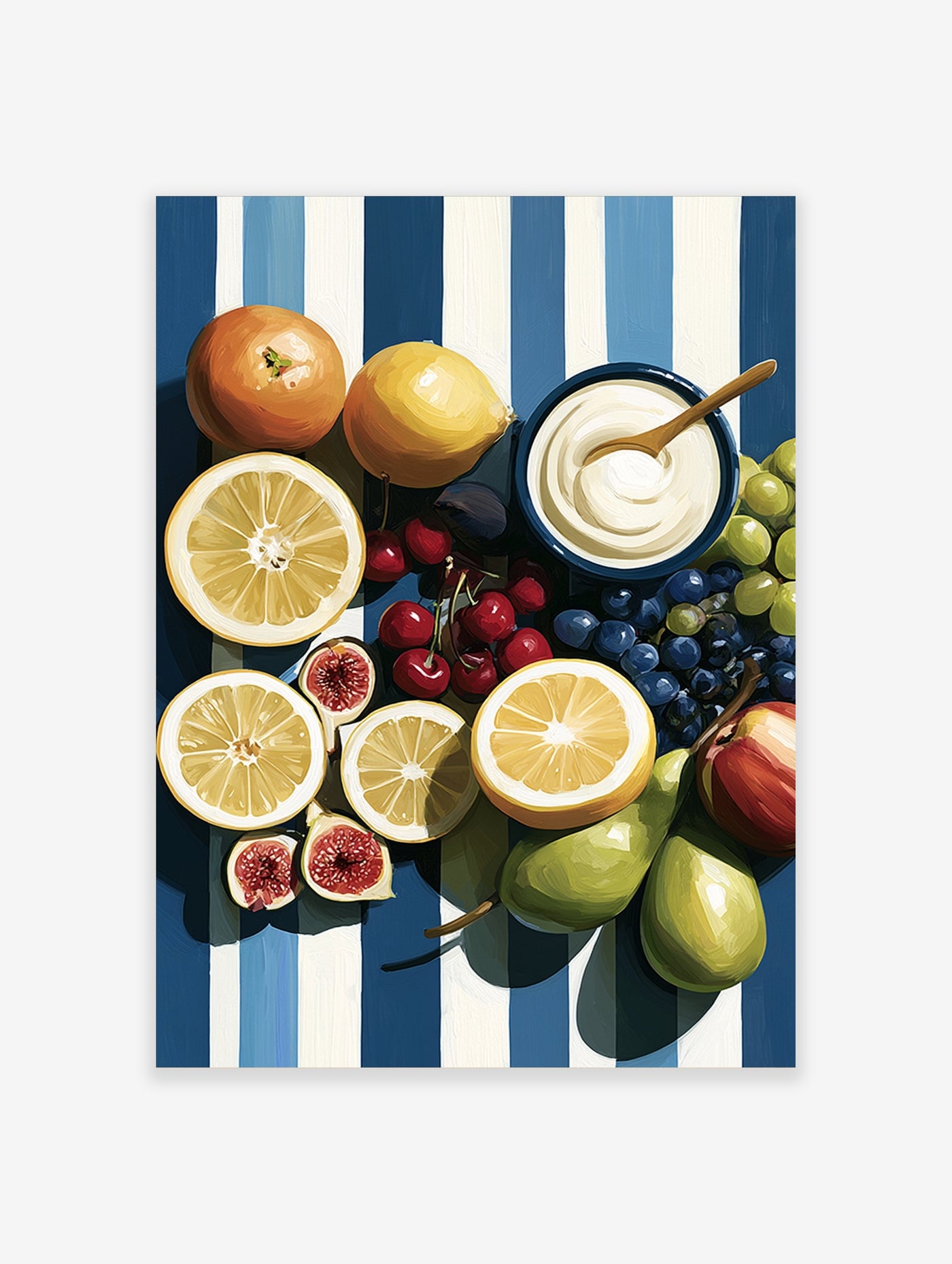 Citrus fruit still life art print with lemons, figs, cherries, pears, grapes on blue striped background