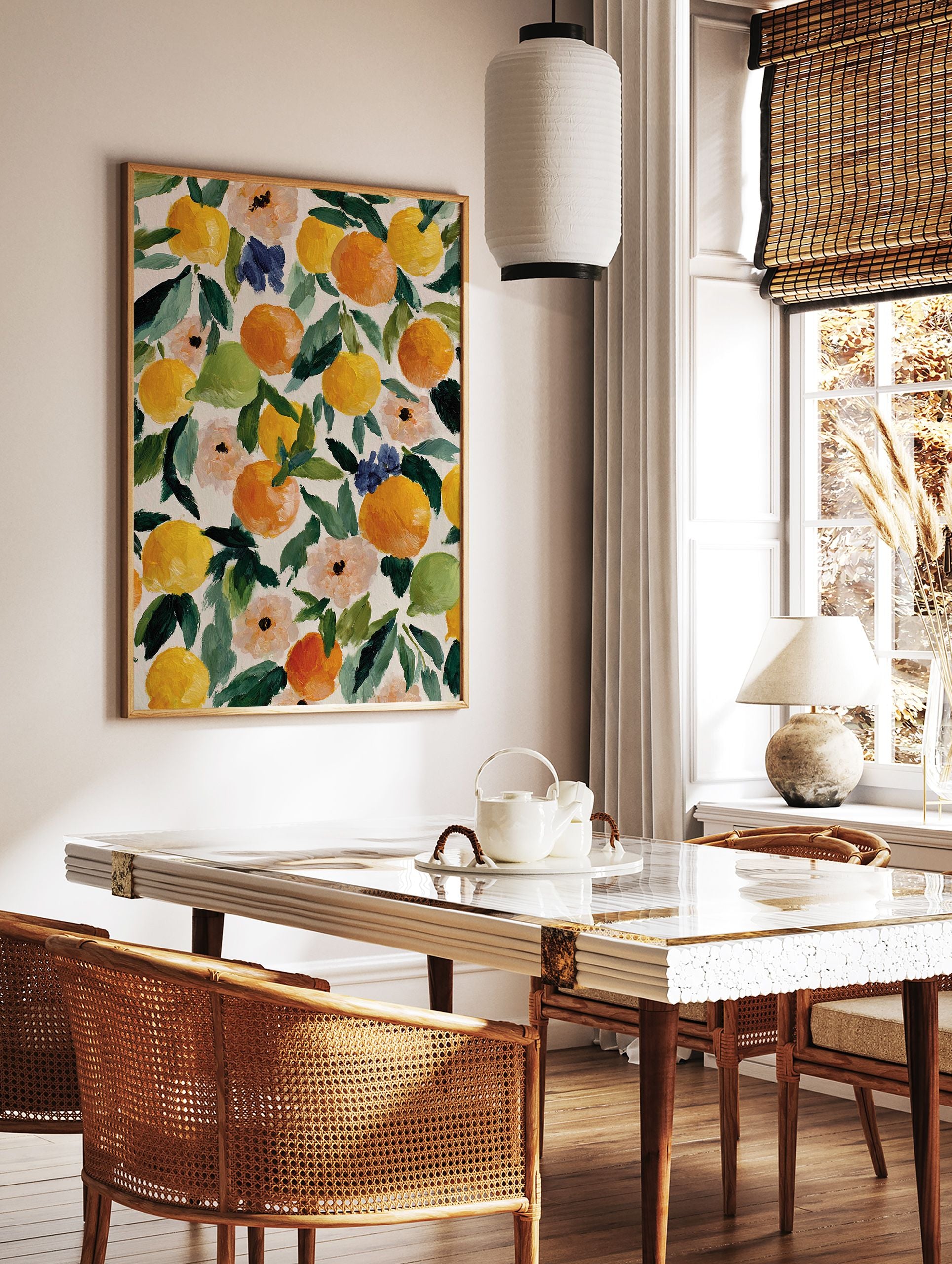 Vibrant citrus fruit botanical painting with oranges, lemons, limes, and flowers on a textured cream background. - Image 2