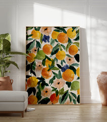 Vibrant citrus fruit botanical painting with oranges, lemons, limes, and flowers on a textured cream background. - Image 3