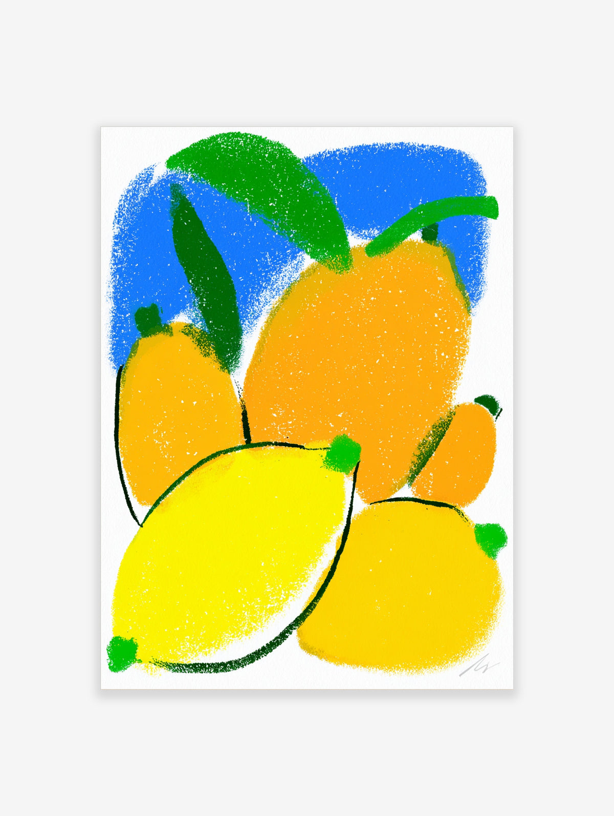 Colourful citrus fruit art print with lemons, oranges, green leaves, and blue background