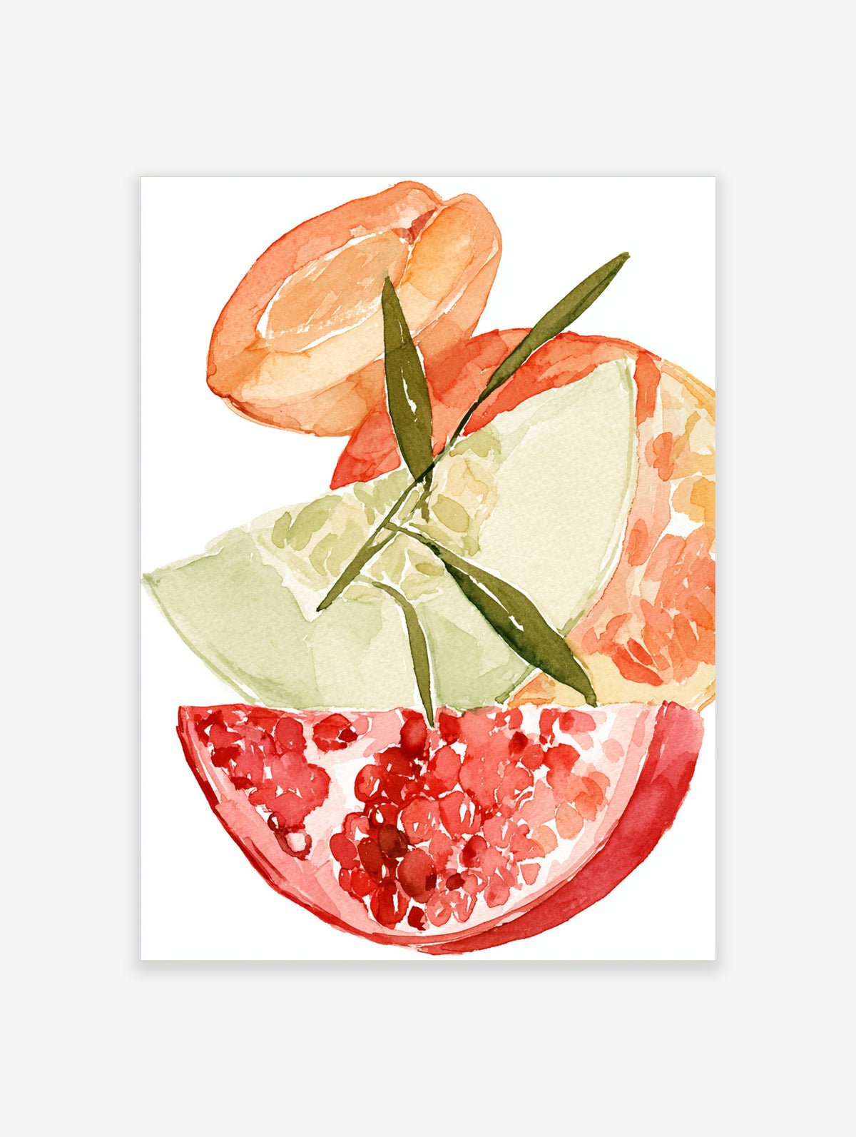 Watercolour citrus fruit slices with orange, lemon, lime and pomegranate on white background art print