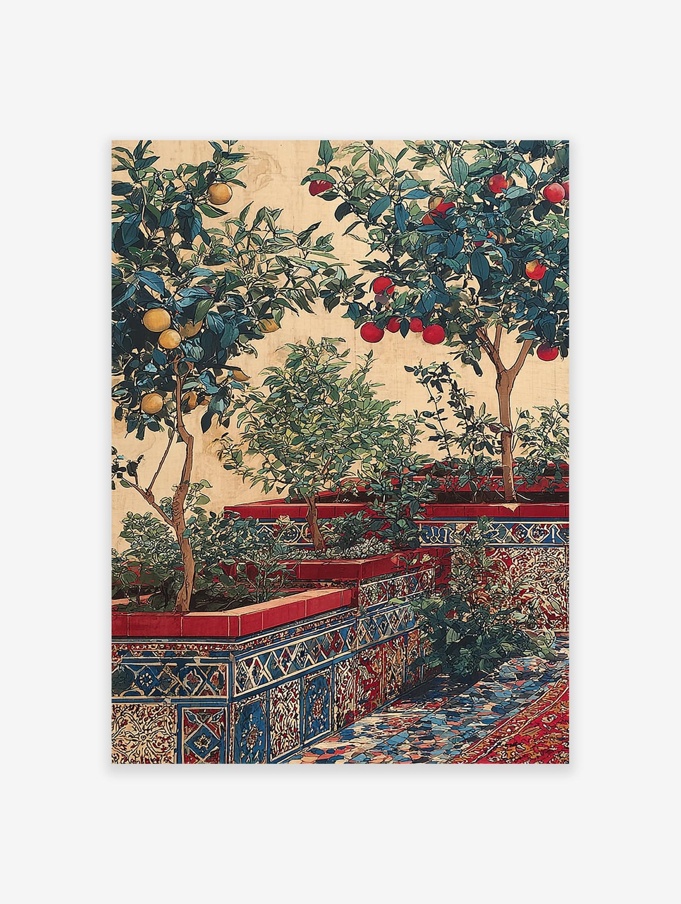 Vibrant citrus garden wall art with lemon and orange trees in patterned Moroccan tile planters against a warm wall.
