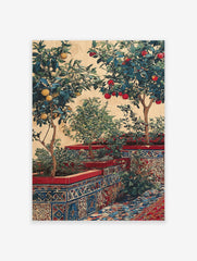 Vibrant citrus garden wall art with lemon and orange trees in patterned Moroccan tile planters against a warm wall.
