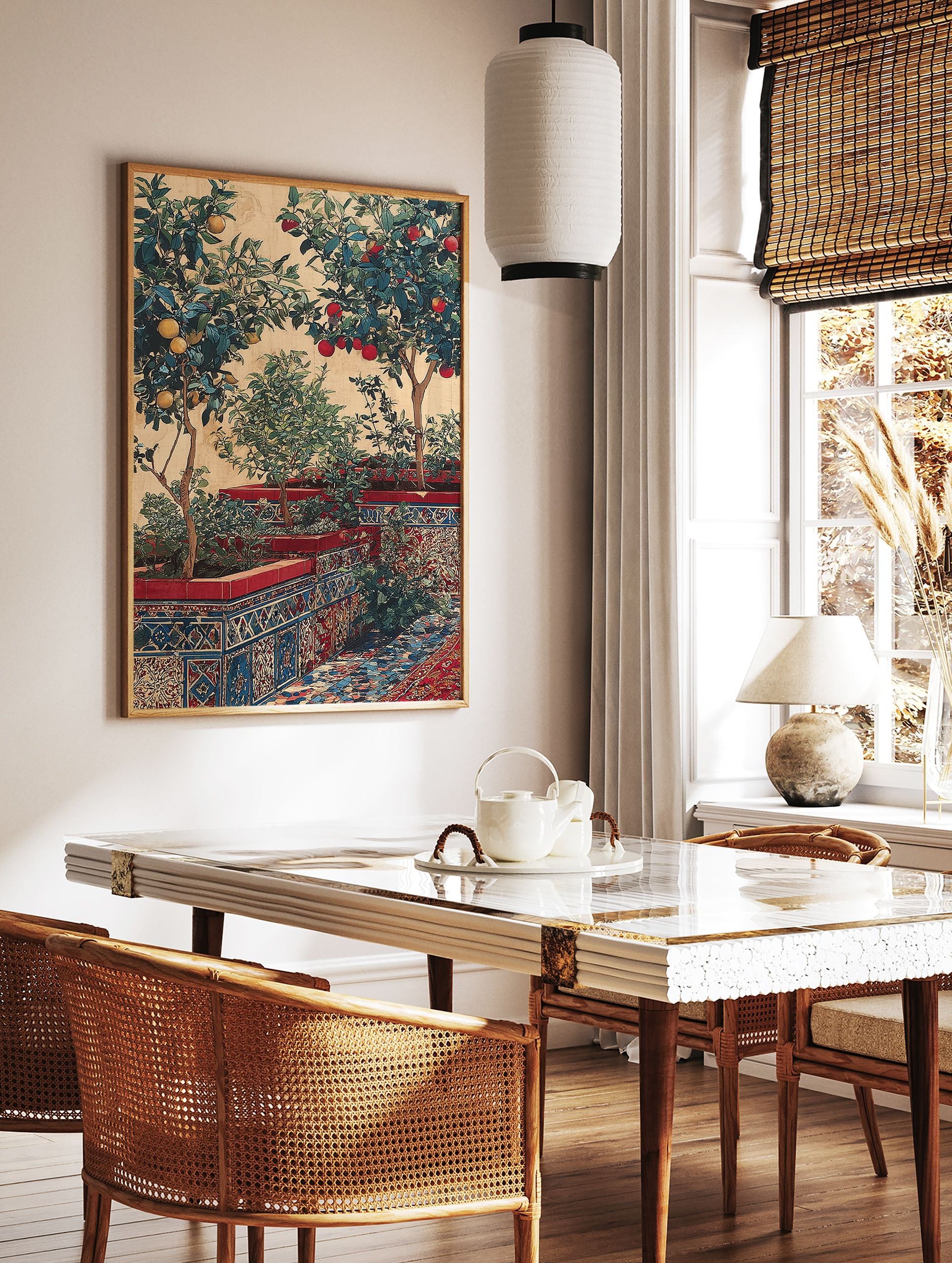 Vibrant citrus garden wall art with lemon and orange trees in patterned Moroccan tile planters against a warm wall. - Image 2