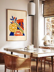 Citrus fruit illustration with orange slices, red berries, and green stems on a blue and cream, in a styled room mockup