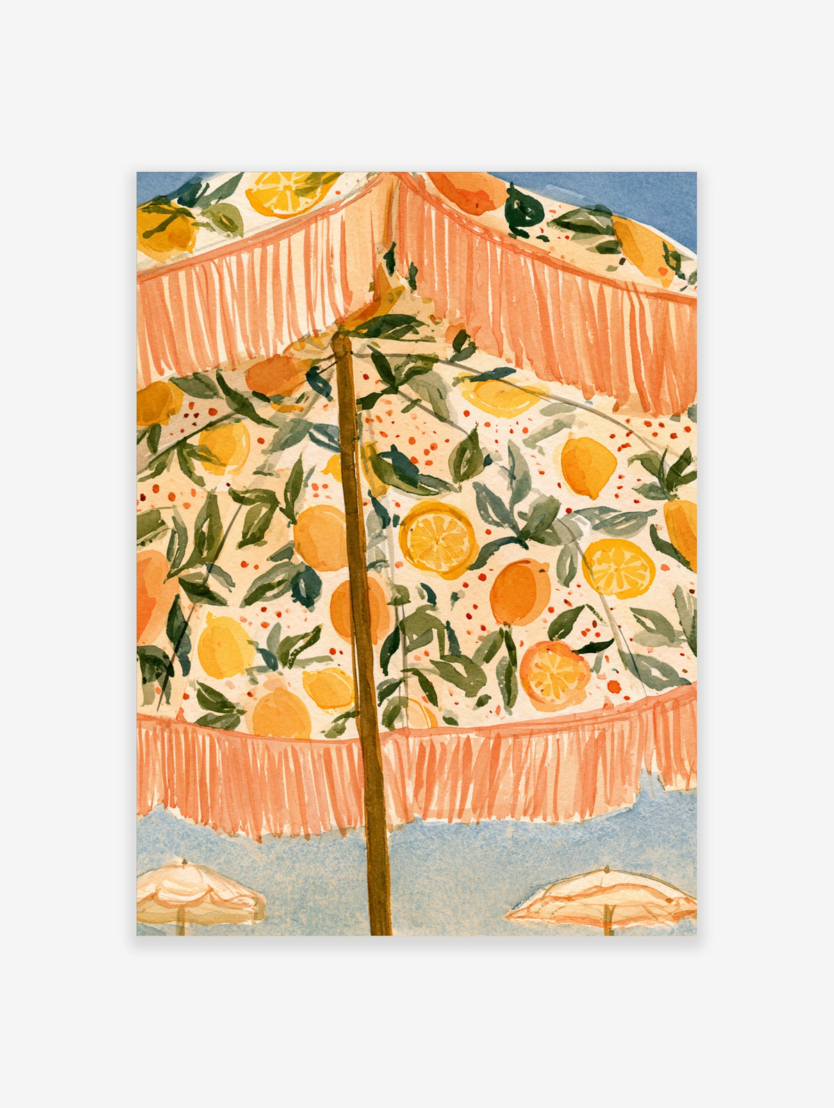 Watercolour citrus umbrella poster with oranges, lemons, green leaves and peach fringing