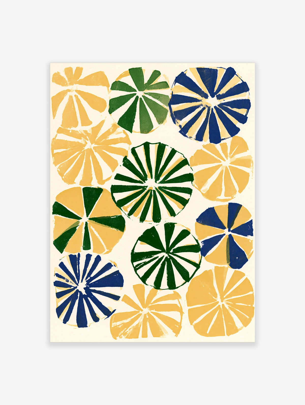 Citrus wheel art print with yellow, green and blue fruit slices on cream background