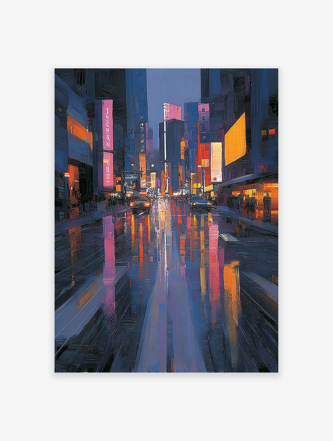 Vibrant cityscape painting of a rainy urban street at night with colorful reflections of neon lights and buildings.