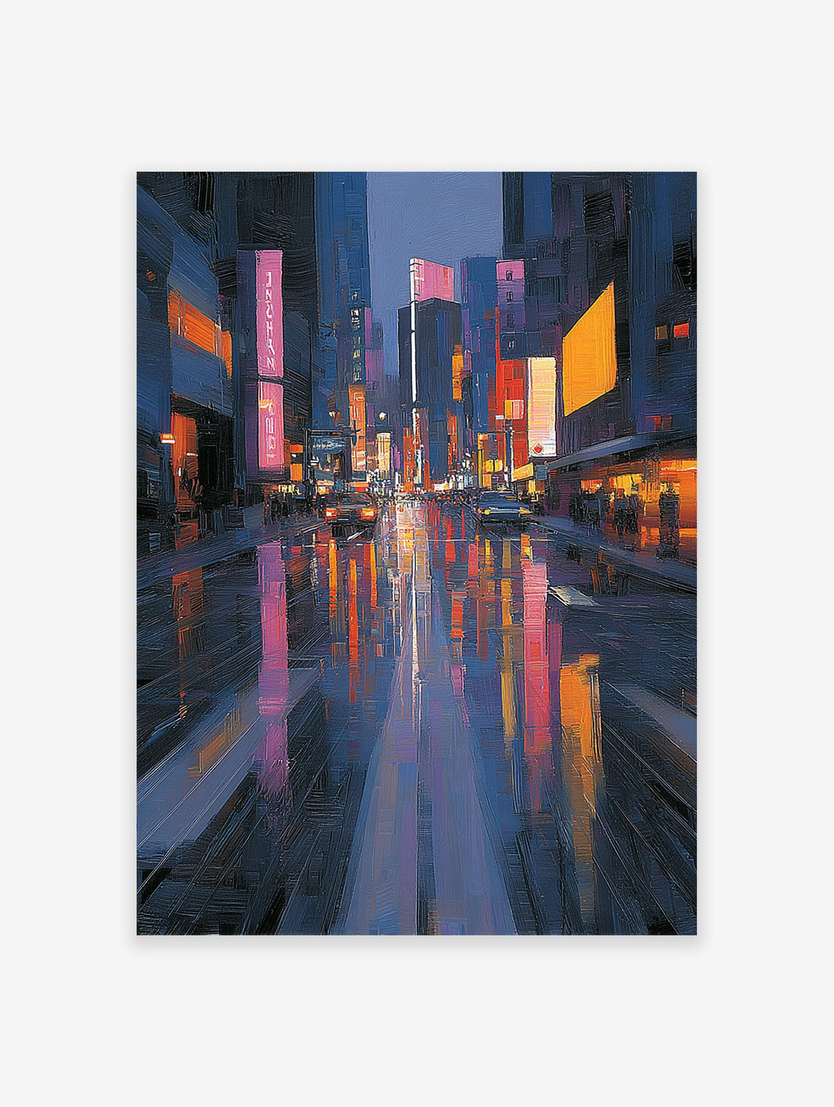 Vibrant cityscape painting of a rainy urban street at night with colorful reflections of neon lights and buildings.