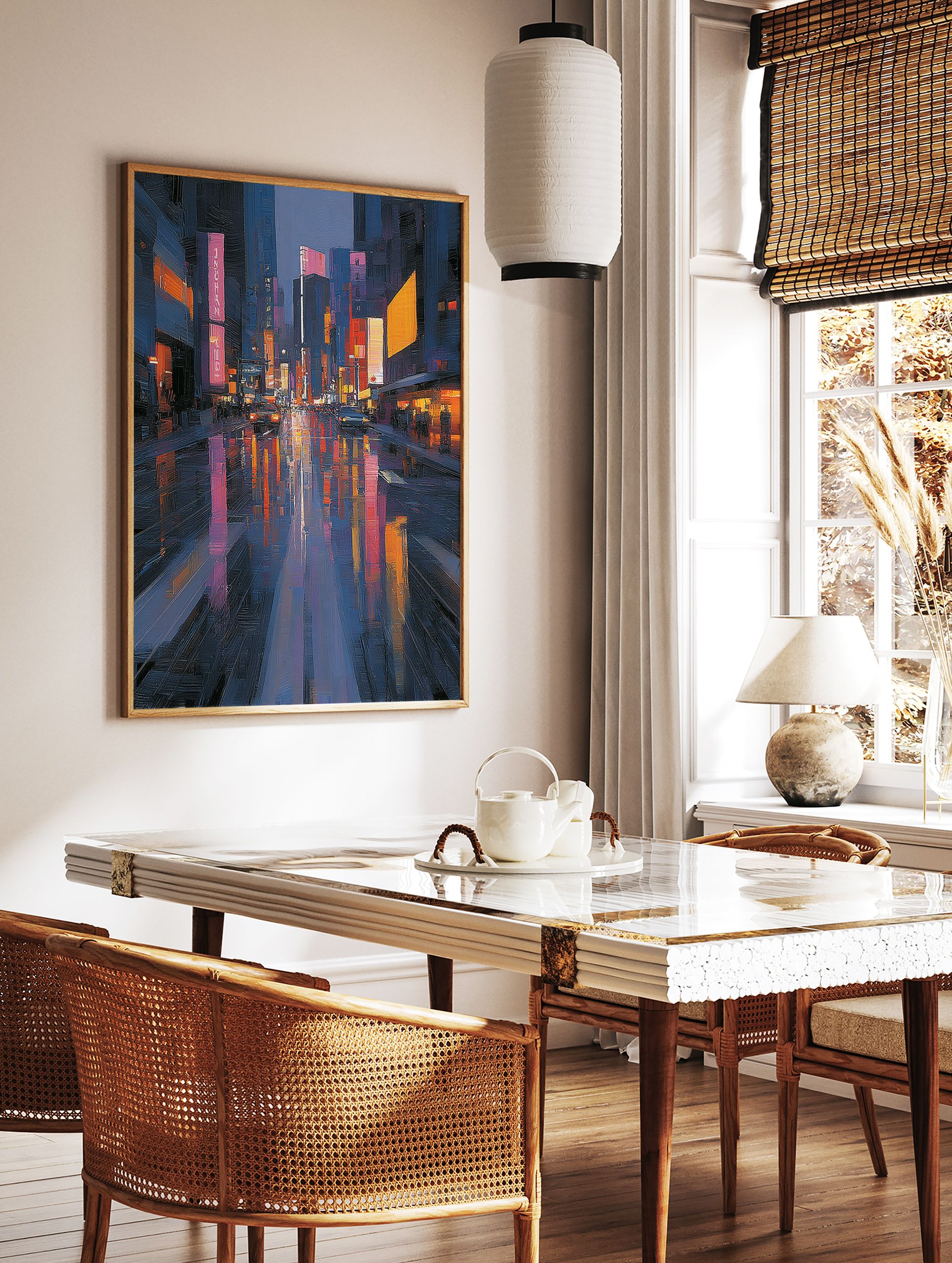 Vibrant cityscape painting of a rainy urban street at night with colorful reflections of neon lights and buildings. - Image 2