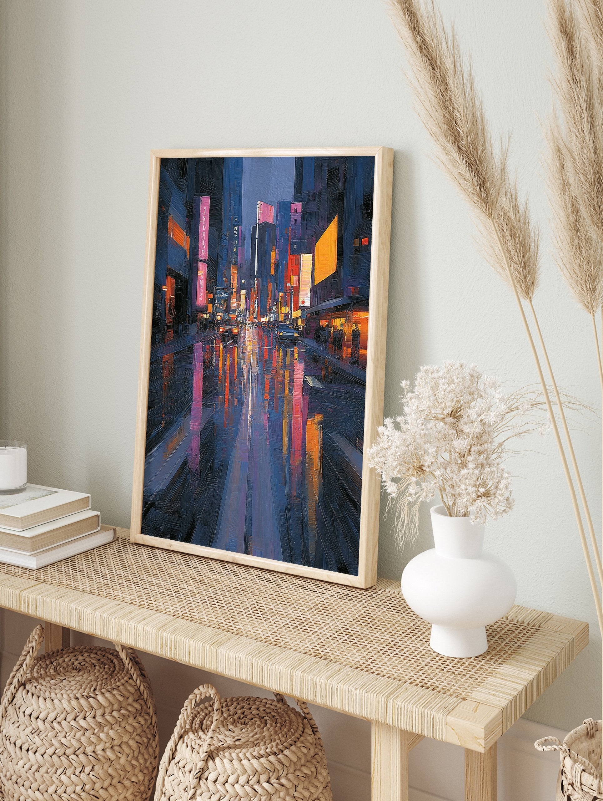 Vibrant cityscape painting of a rainy urban street at night with colorful reflections of neon lights and buildings. - Image 3