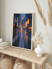 Vibrant cityscape painting of a rainy urban street at night with colorful reflections of neon lights and buildings. - Image 3