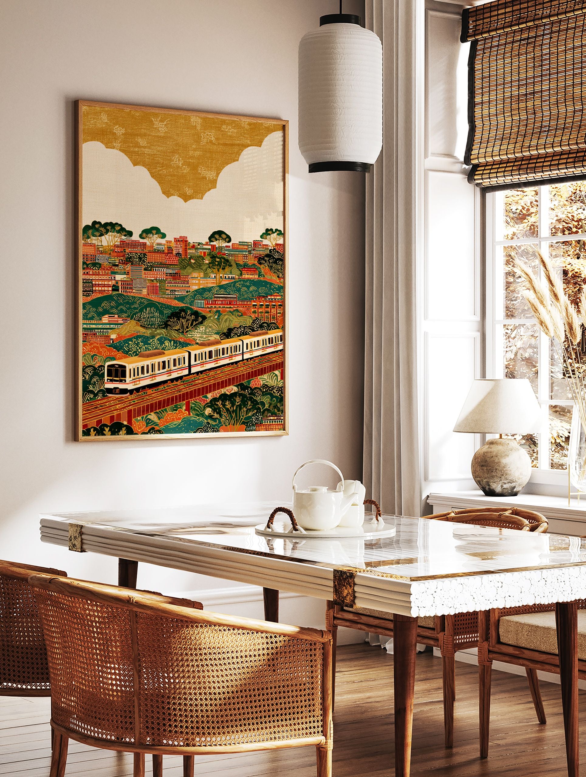 Vibrant cityscape train wall art illustration with buildings, green hills, trees, and a white train on elevated tracks. - Image 2