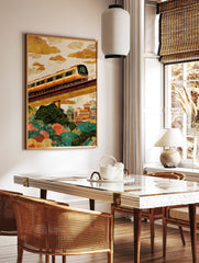 Illustrated cityscape wall art showing an elevated train passing over an Asian city with traditional buildings and green foliage. - Image 2