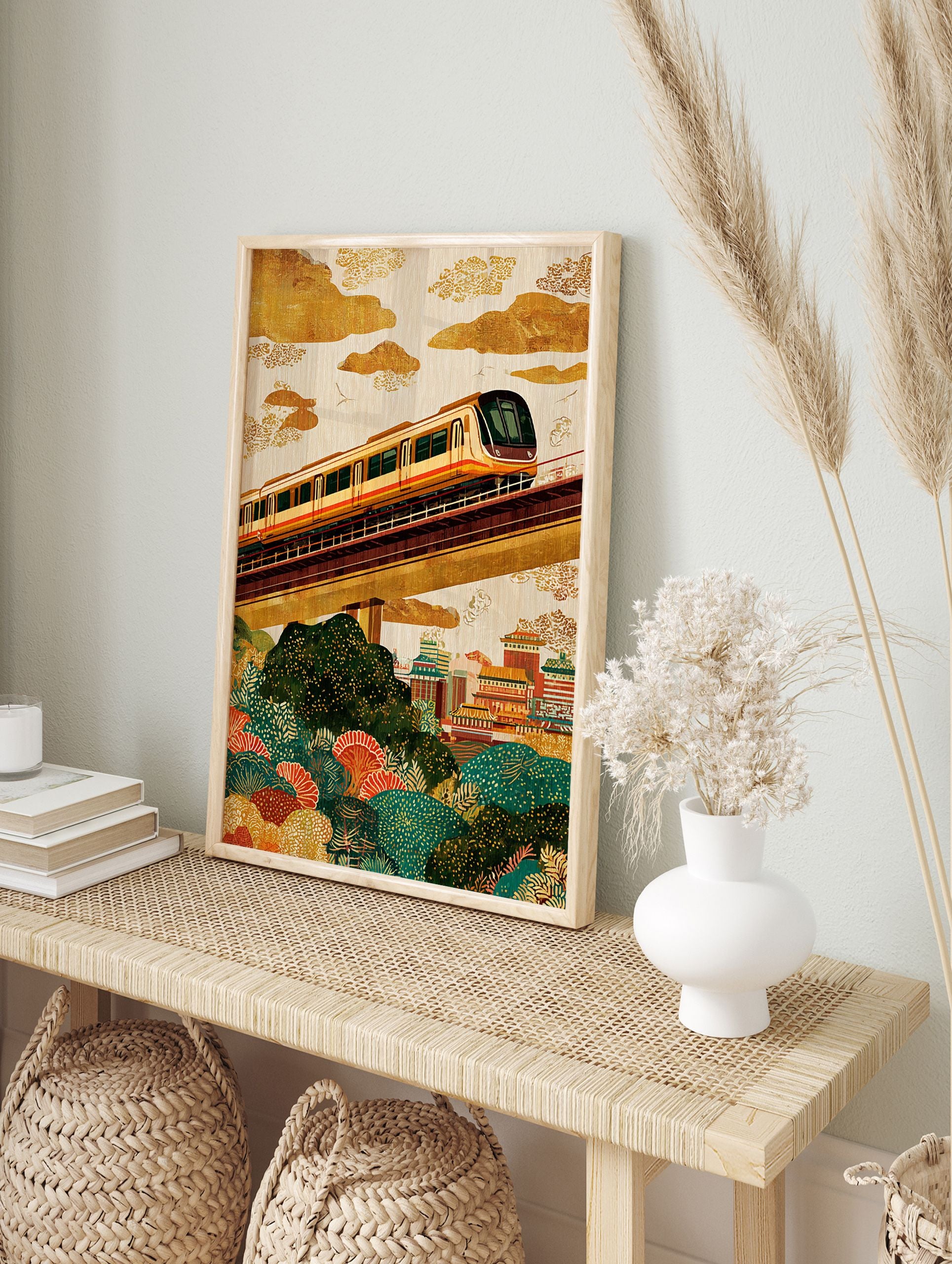 Illustrated cityscape wall art showing an elevated train passing over an Asian city with traditional buildings and green foliage. - Image 3