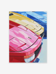 Poster of three classic sports cars in red, yellow, and blue, viewed from the front-side angle showing headlights and grilles.