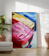 Poster of three classic sports cars in red, yellow, and blue, viewed from the front-side angle showing headlights and grilles. - Image 3