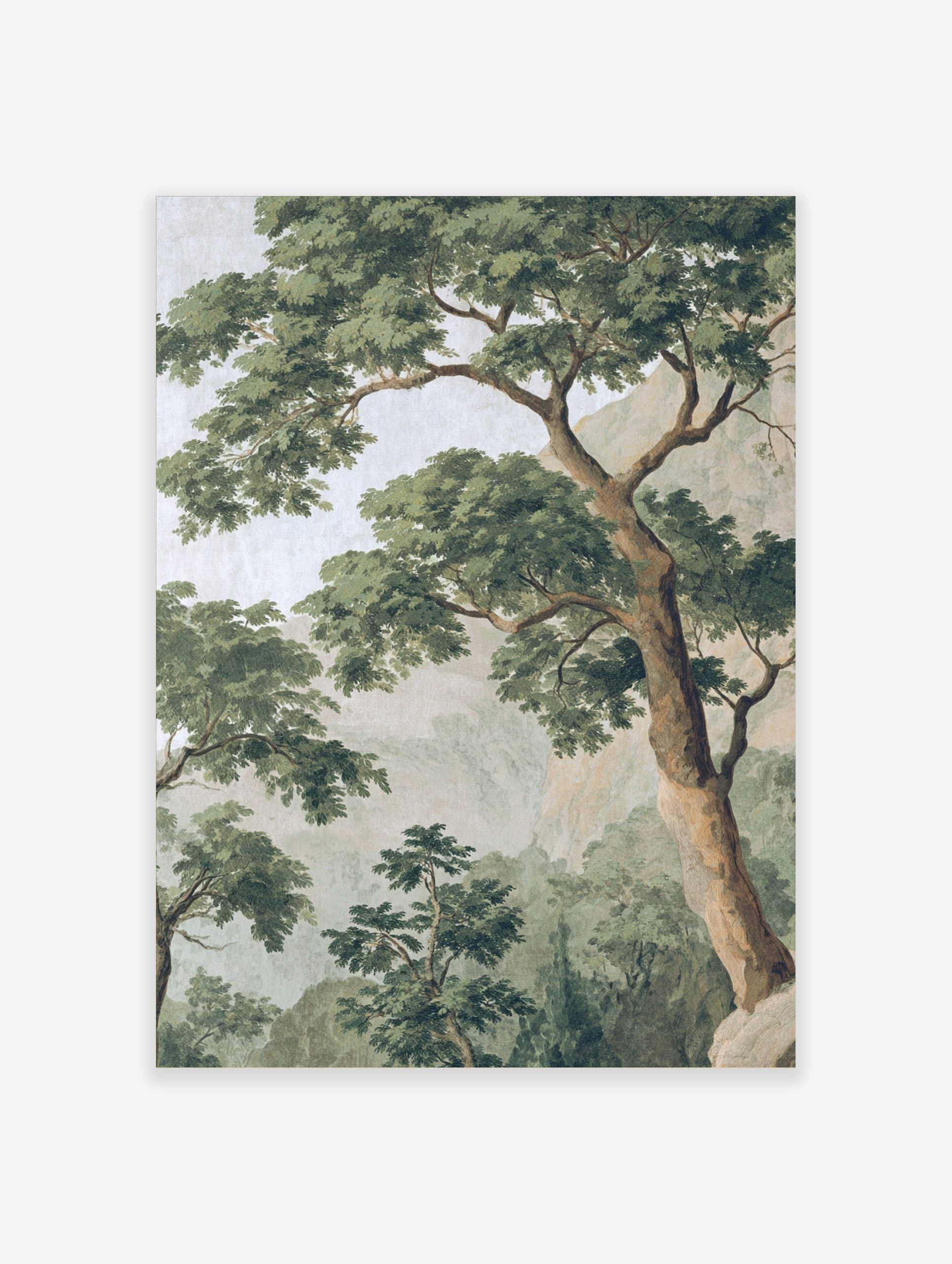 Classic illustrative tree landscape print with dense green foliage, brown trunks, and hazy mountains