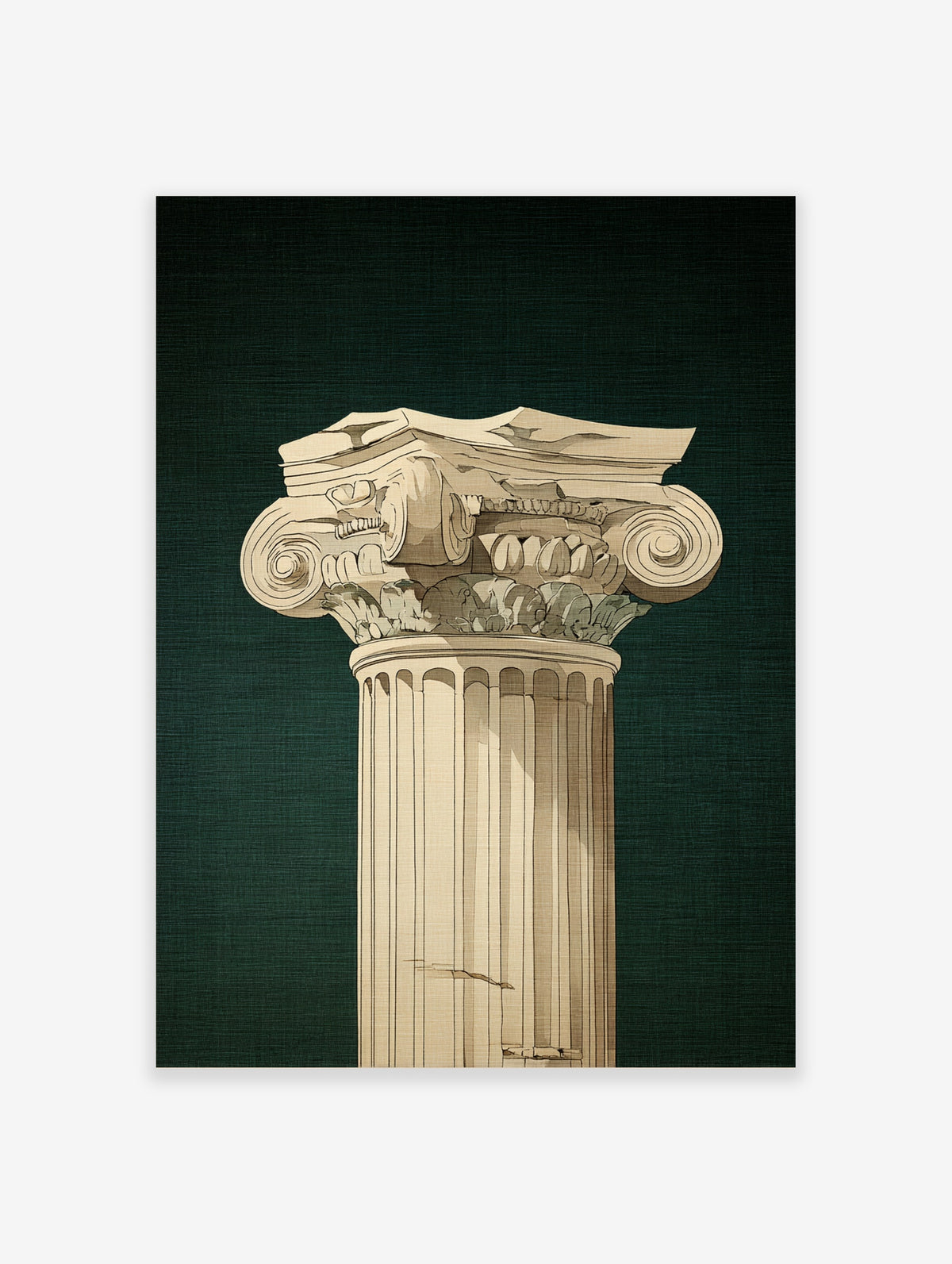 Classical Ionic column capital with scroll volutes and fluted shaft on dark green background