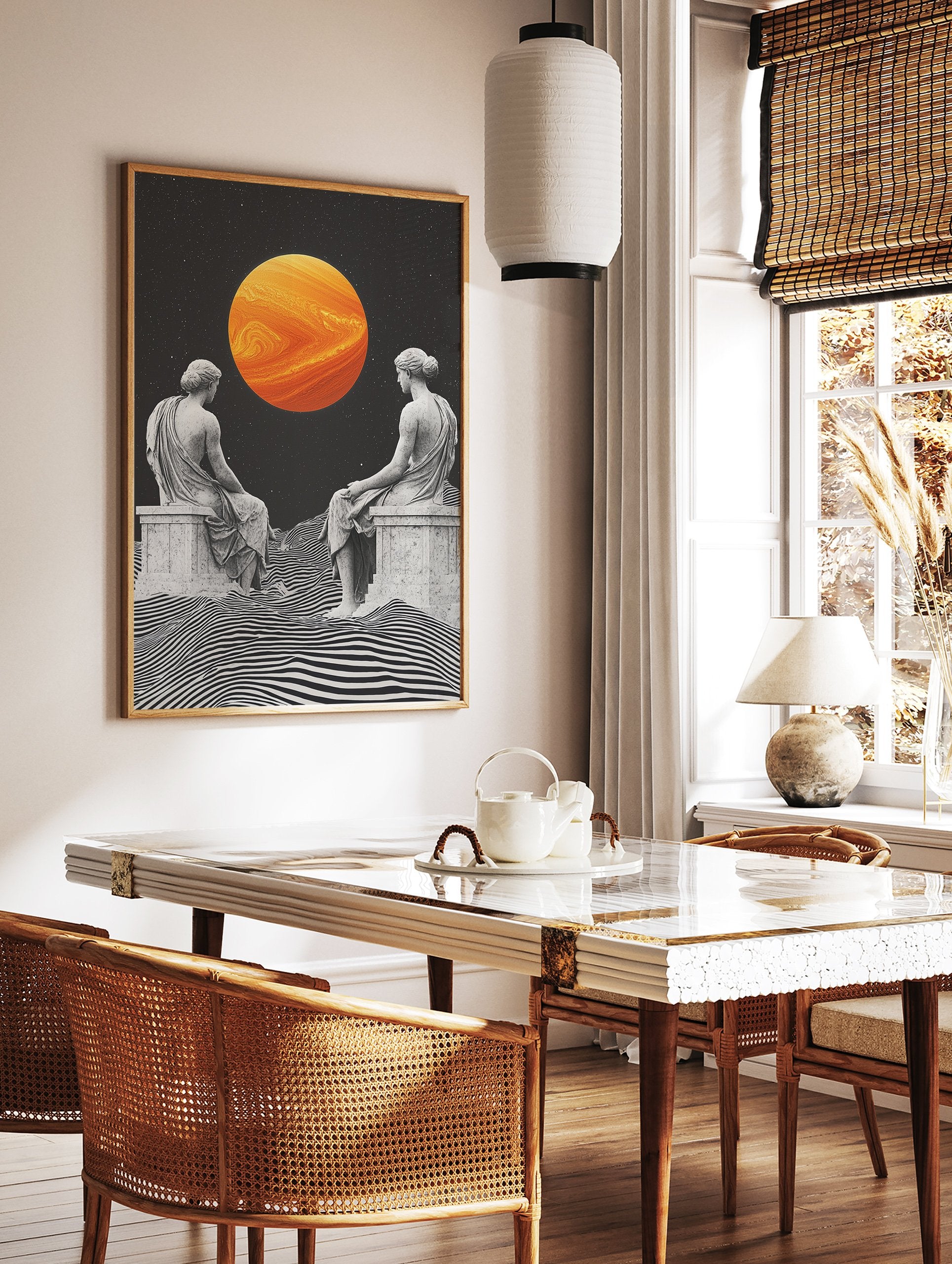 Classical Statues Poster showing two ancient figures gazing at a large orange planet over a wavy black and white landscape. - Image 2
