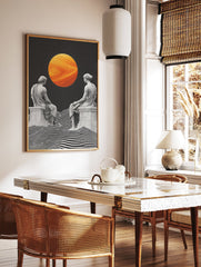 Classical Statues Poster showing two ancient figures gazing at a large orange planet over a wavy black and white landscape. - Image 2