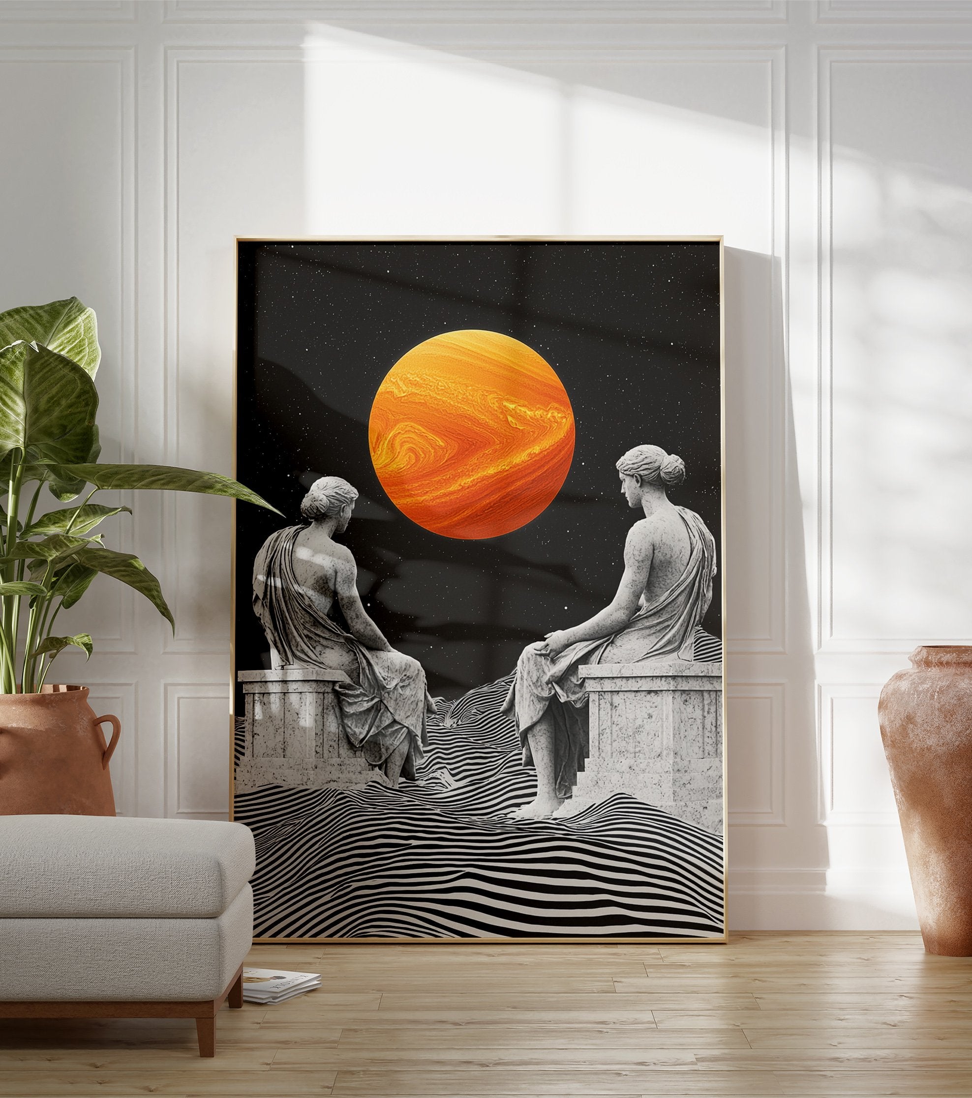 Classical Statues Poster showing two ancient figures gazing at a large orange planet over a wavy black and white landscape. - Image 3