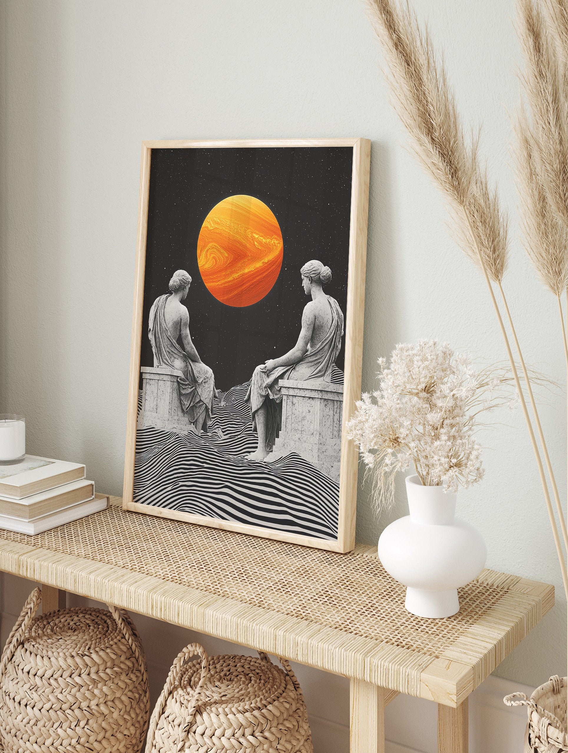 Classical Statues Poster showing two ancient figures gazing at a large orange planet over a wavy black and white landscape. - Image 4
