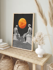 Classical Statues Poster showing two ancient figures gazing at a large orange planet over a wavy black and white landscape. - Image 4