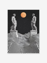 Classical Surreal Poster featuring two classical statues, a black and white striped landscape, starry sky, and an orange planet.