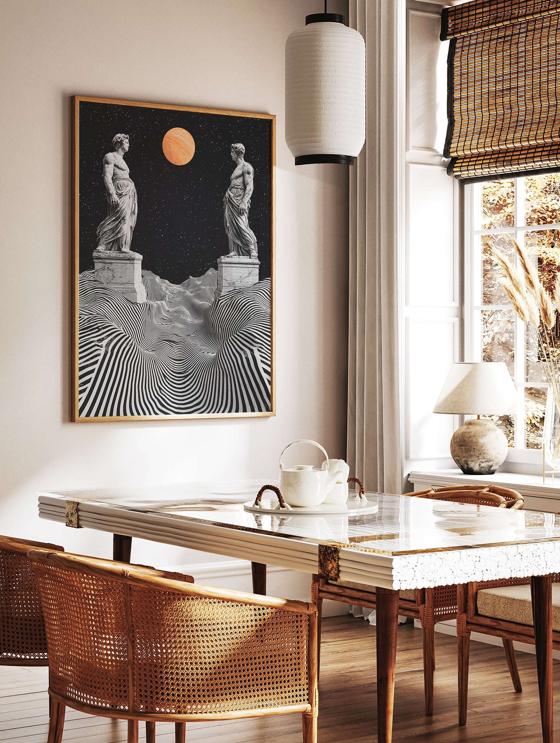 Classical Surreal Poster featuring two classical statues, a black and white striped landscape, starry sky, and an orange planet. - Image 2