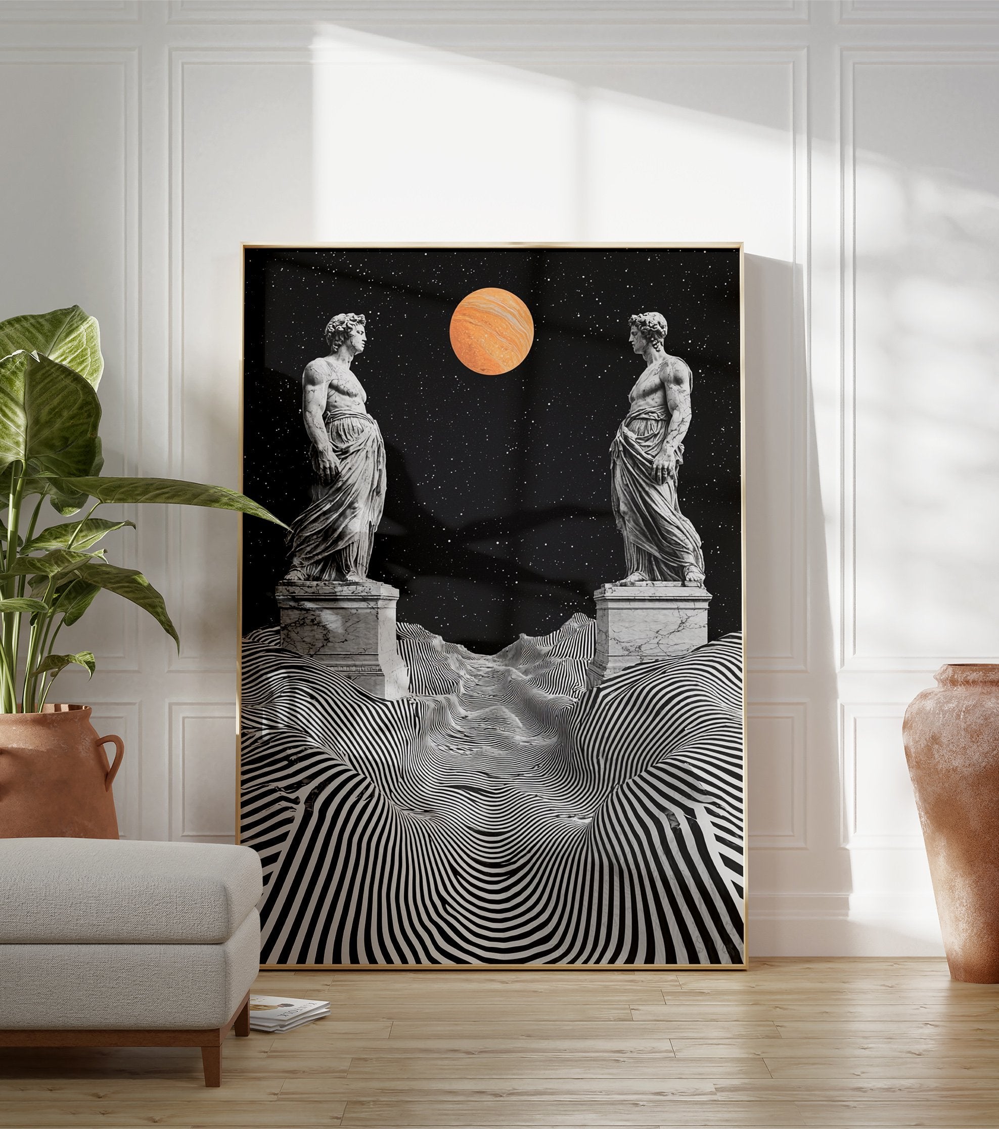 Classical Surreal Poster featuring two classical statues, a black and white striped landscape, starry sky, and an orange planet. - Image 3