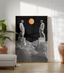 Classical Surreal Poster featuring two classical statues, a black and white striped landscape, starry sky, and an orange planet. - Image 3