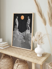 Classical Surreal Poster featuring two classical statues, a black and white striped landscape, starry sky, and an orange planet. - Image 4