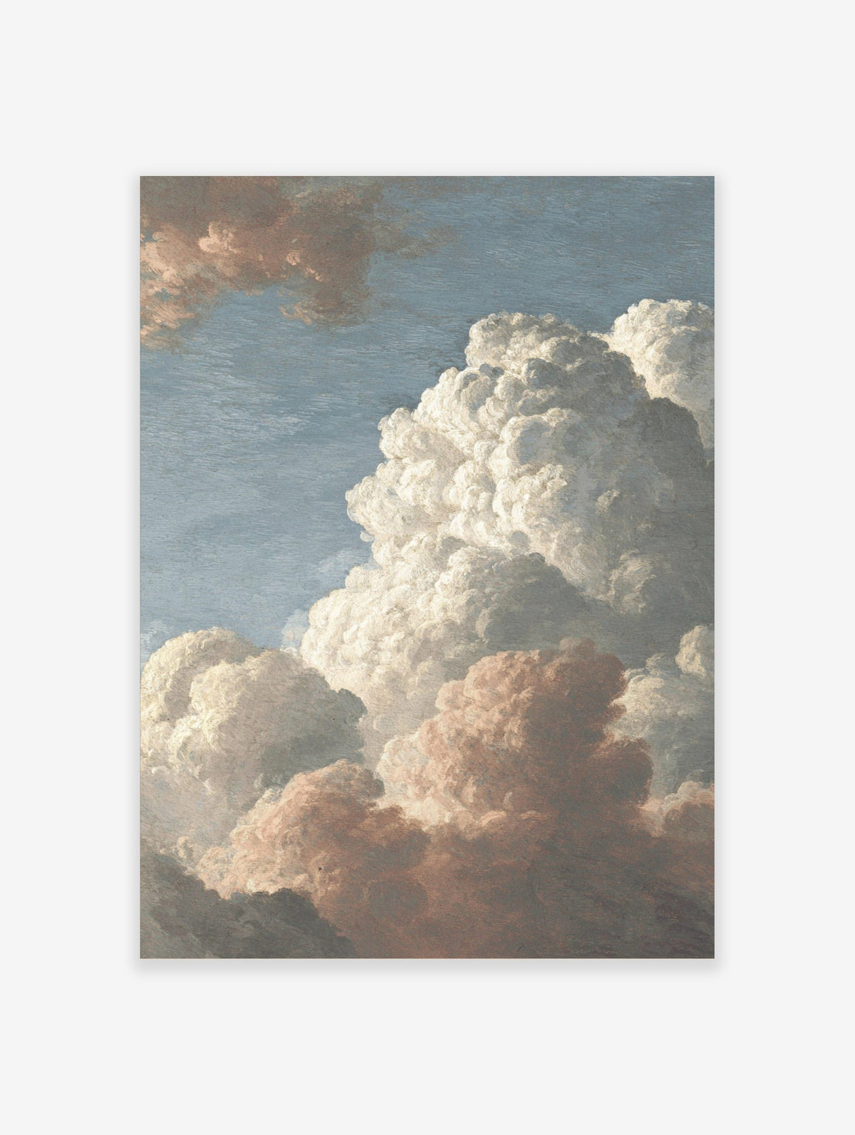 Detailed painting of voluminous white and reddish-brown cumulus clouds against a pale blue sky