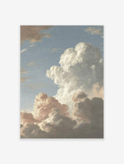 Dramatic cloud study painting with voluminous white and grey clouds against a soft blue sky