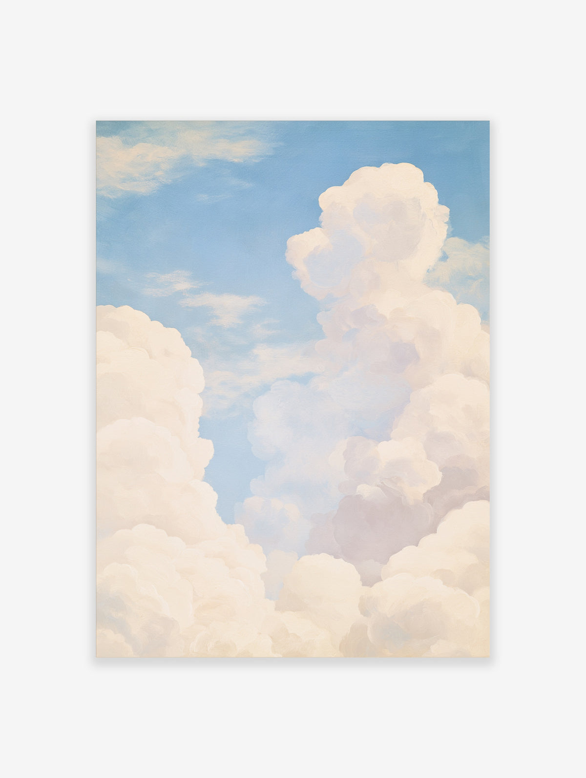Pastel cloud wall art print with white cumulus clouds and pale blue sky in vertical composition